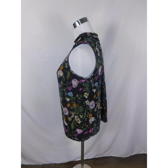 LOFT Medium Navy Floral Ruffle Mock Neck Blouse Cottagecore - Picture 4 of 11